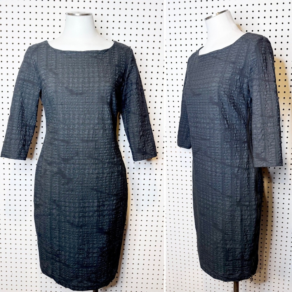 Sarah Pacini‎ | Made in Italy Black Textured Puckered 3/4 Sleeve Sheath Dress